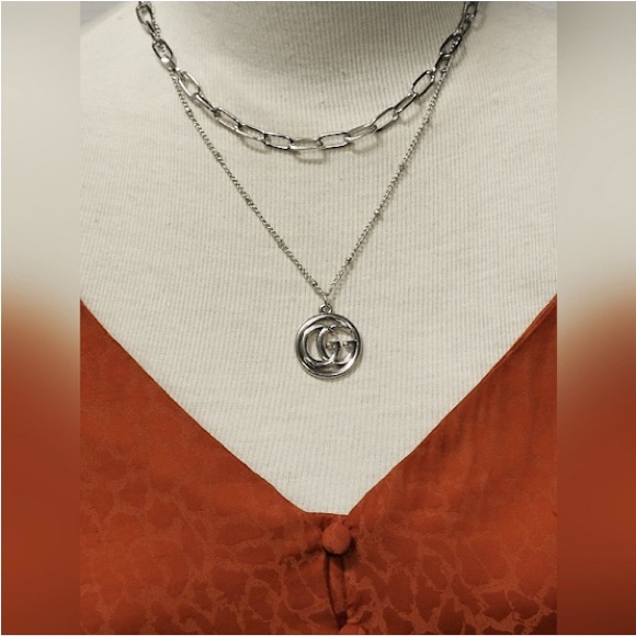 Silver Layered Chain, GG Zipper Pull Necklace - Picture 1 of 2